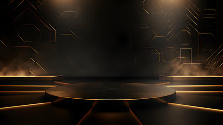 Futuristic studio background in dark golden colors. Elegant room for product presentationの素材