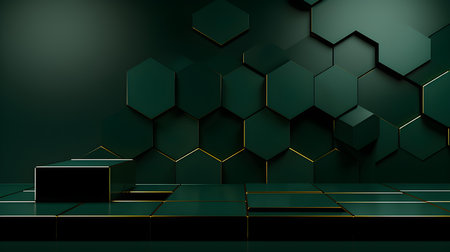 Futuristic studio background in dark green colors. Elegant room for product presentationの素材