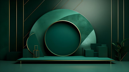 Futuristic studio background in emerald colors. Elegant room for product presentationの素材