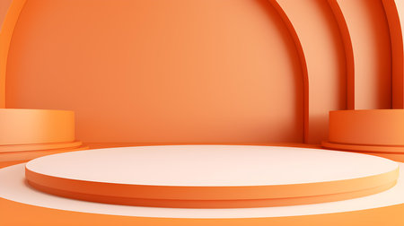 Futuristic Studio Background in light orange Colors. Elegant room for product presentationの素材