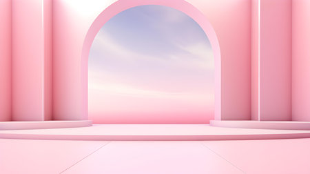 Futuristic Studio Background in light pink Colors. Elegant room for product presentationの素材