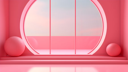 Futuristic studio background in pink colors. Elegant room for product presentationの素材