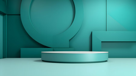 Futuristic Studio Background in Turquoise Colors. Elegant room for product presentationの素材