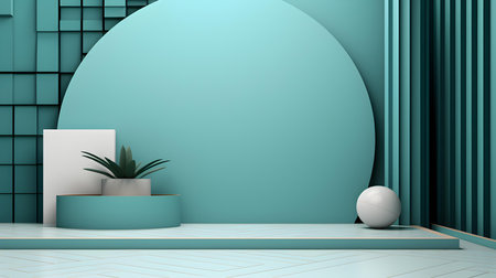Futuristic Studio Background in Turquoise Colors. Elegant room for product presentationの素材