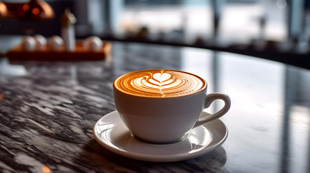 Top view of a cup filled with coffee latte art on a black marble table. Blurred Backgroundの素材