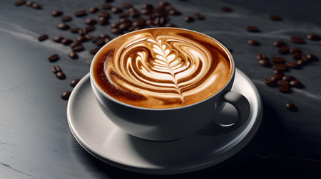 Top view of a cup filled with coffee latte art on a black marble table. Blurred Backgroundの素材