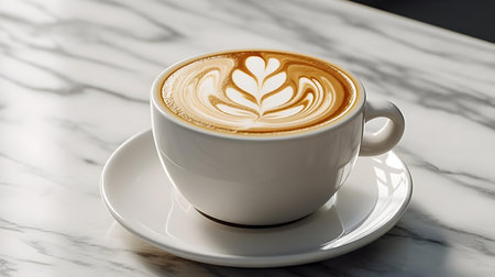 Top view of a cup filled with coffee latte art on a white marble table. Blurred Backgroundの素材