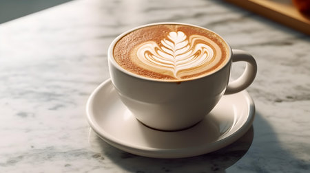 Top view of a cup filled with coffee latte art on a white marble table. Blurred Backgroundの素材