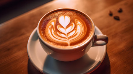 Top view of a white cup filled with coffee latte art on a wooden table. Blurred backgroundの素材
