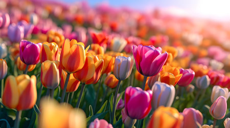 Close up of a field of colorful tulips. Blurred Backgroundの素材
