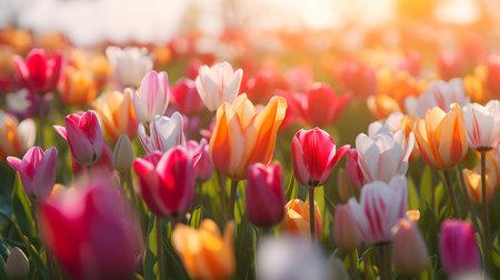 Close up of a field of colorful tulips. Blurred Backgroundの素材