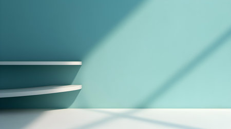 Empty Room in cyan Colors with Shadows on the Wall. Elegant Studio Background for Product Presentation.の素材