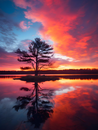 Panoramic view of a serene lake reflecting the vibrant colors of the skyの素材