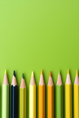 Close up of colorful pencils lined up in front of a green background. School Backdrop with Copy Spaceの素材