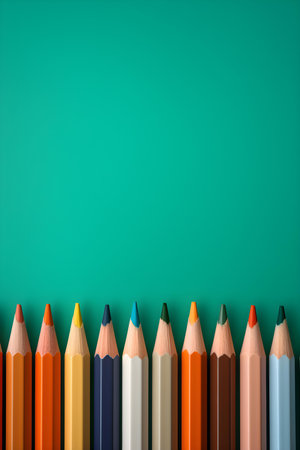 Close up of colorful pencils lined up in front of a green background. School Backdrop with Copy Spaceの素材