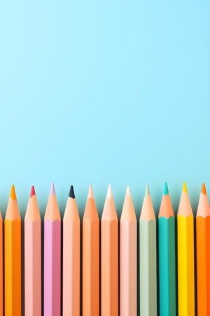 Close up of colorful pencils lined up in front of a green background. School Backdrop with Copy Spaceの素材