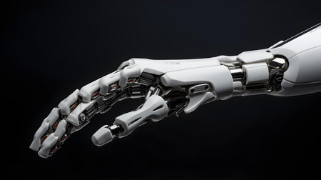 Close up of a human like robotic hand on a dark background with copy spaceの素材