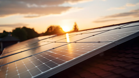 Close up of solar panels on a roof. Blurred backgroundの素材