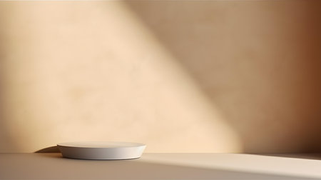 Empty Room in beige Colors with Shadows on the Wall. Minimal Podium for Product Presentation.の素材