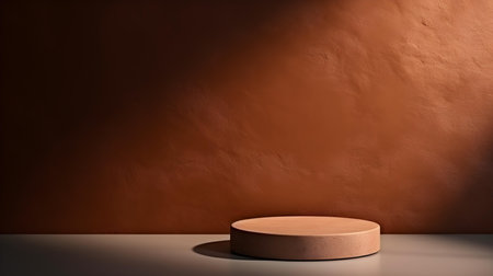 Empty room in dark brown colors with shadows on the wall. Minimal Podium for Product Presentation.の素材