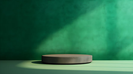 Empty Room in Emerald Colors with Shadows on the Wall. Minimal podium for product presentation.の素材