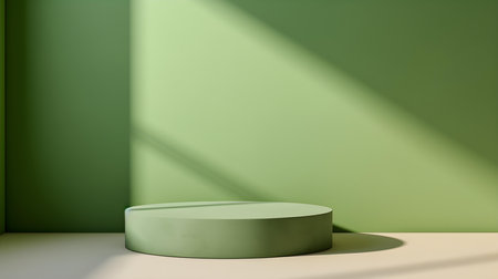 Empty Room in green Colors with Shadows on the Wall. Minimal Podium for Product Presentation.の素材