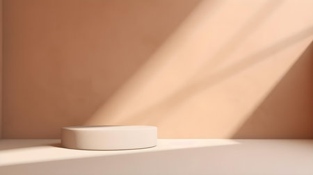 Empty Room in light brown Colors with Shadows on the Wall. Minimal Podium for Product Presentation.の素材