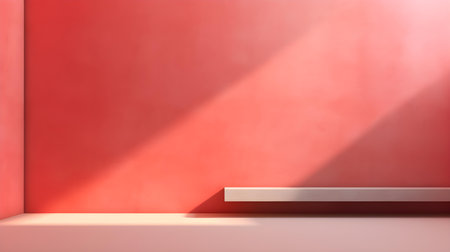 Empty room in light red colors with shadows on the wall. Minimal podium for product presentation.の素材