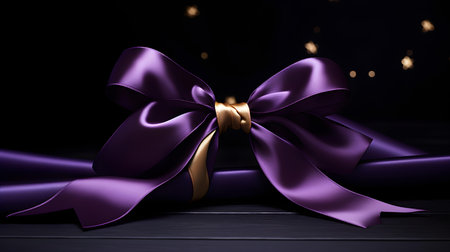 Dark purple gift ribbon with a bow in front of a dark background. Festive Template for Holidays and Celebrationsの素材