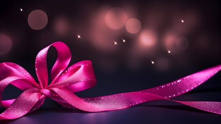 Hot Pink Gift Ribbon with a Bow in front of a dark Background. Festive Template for Holidays and Celebrationsの素材