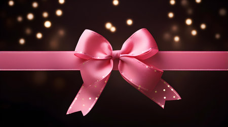 Pink Gift Ribbon with a Bow in front of a Dark Background. Festive Template for Holidays and Celebrationsの素材