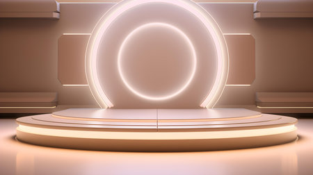 Technological Studio Background with Neon Panels in beige Colors. Futuristic Podium for Product Presentationの素材