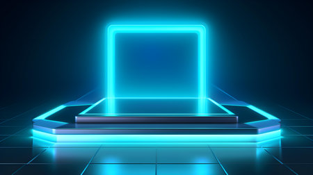 Technological Studio Background with Neon Panels in cyan Colors. Futuristic Podium for Product Presentationの素材