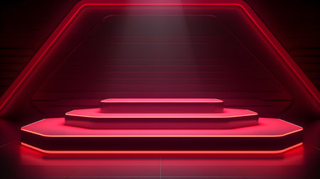 Technological Studio Background with Neon Panels in dark red Colors. Futuristic Podium for Product Presentationの素材