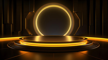 Technological Studio Background with Neon Panels in golden Colors. Futuristic Podium for Product Presentationの素材