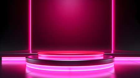 Technological Studio Background with Neon Panels in hot pink Colors. Futuristic Podium for Product Presentationの素材