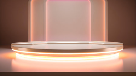 Technological Studio Background with Neon Panels in ivory Colors. Futuristic Podium for Product Presentationの素材