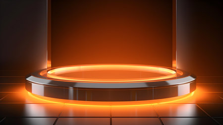 Technological Studio Background with Neon Panels in light orange Colors. Futuristic Podium for Product Presentationの素材