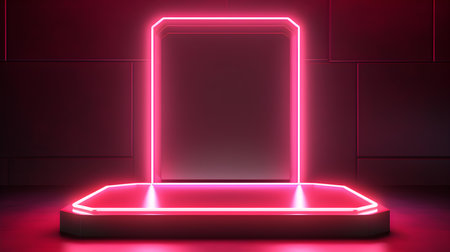 Technological Studio Background with Neon Panels in ruby Colors. Futuristic Podium for Product Presentationの素材