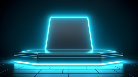 Technological Studio Background with Neon Panels in sky blue Colors. Futuristic Podium for Product Presentationの素材