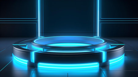Technological Studio Background with Neon Panels in sky blue Colors. Futuristic Podium for Product Presentationの素材