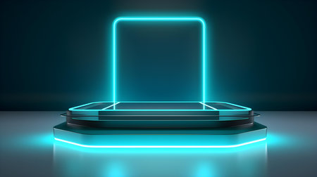 Technological Studio Background with Neon Panels in sky blue Colors. Futuristic Podium for Product Presentationの素材