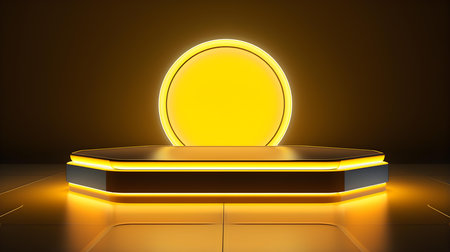 Technological Studio Background with Neon Panels in yellow Colors. Futuristic Podium for Product Presentationの素材