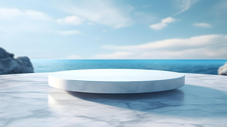 Round Marble Podium in sky blue Colors in front of a blurred Seascape. Luxury backdrop for product presentationの素材