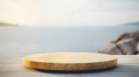 Round Marble Podium in yellow Colors in front of a blurred Seascape. Luxury backdrop for product presentationの素材