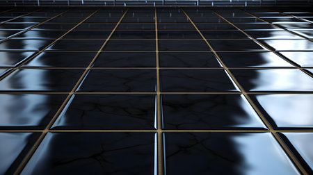 Close up of a glossy floor in black colors reflecting the daylightの素材