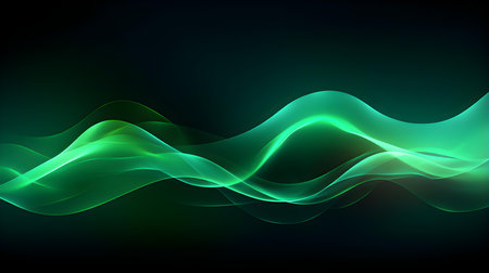 Soft neon waves in green colors on a dark background. Futuristic wallpapersの素材