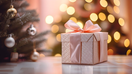 Blush Gift Box in front of a blurred Christmas background. Festive Template for Holidays and Celebrationsの素材