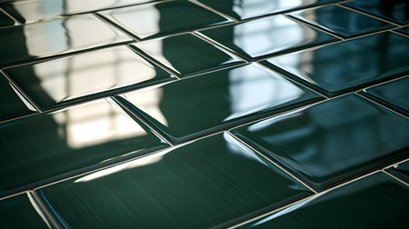 Close up of a glossy floor in dark green colors reflecting the daylightの素材