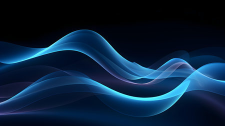 Soft neon waves in blue colors on a dark background. Futuristic wallpapersの素材
